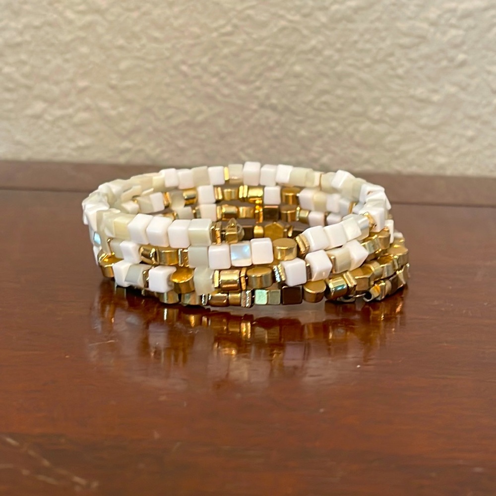 Gold and White Beaded Stella & Dot Wrap Bracelet